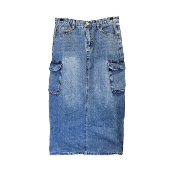 Forever 21 Dresses & Skirts - Forever 21 Womens Jean Cargo Denim Maxi Skirt Large Utility Pockets Back Slit